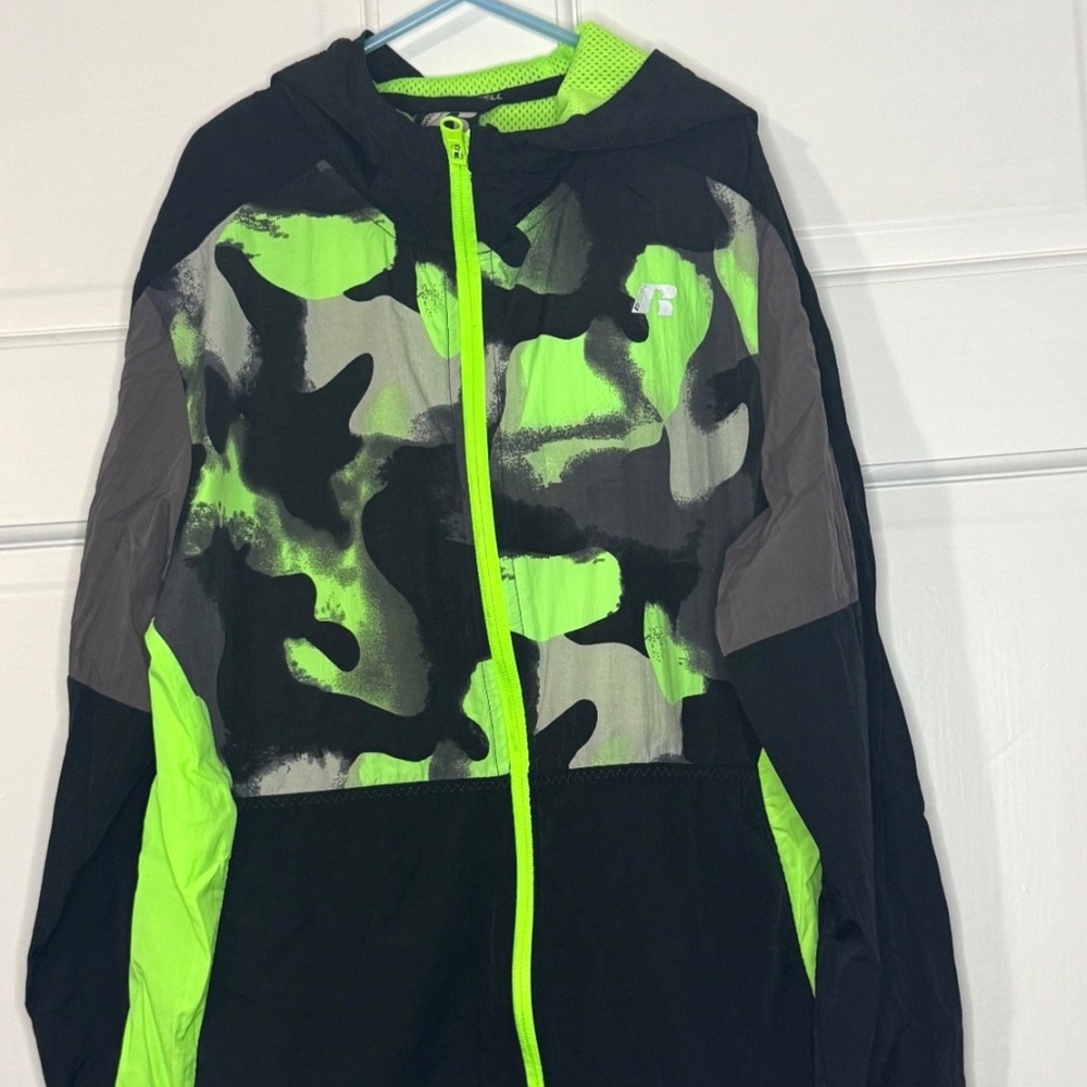 Russell Athletic Lightweight Jacket / Windbreaker - Black & Lime Camo - Kids XXL